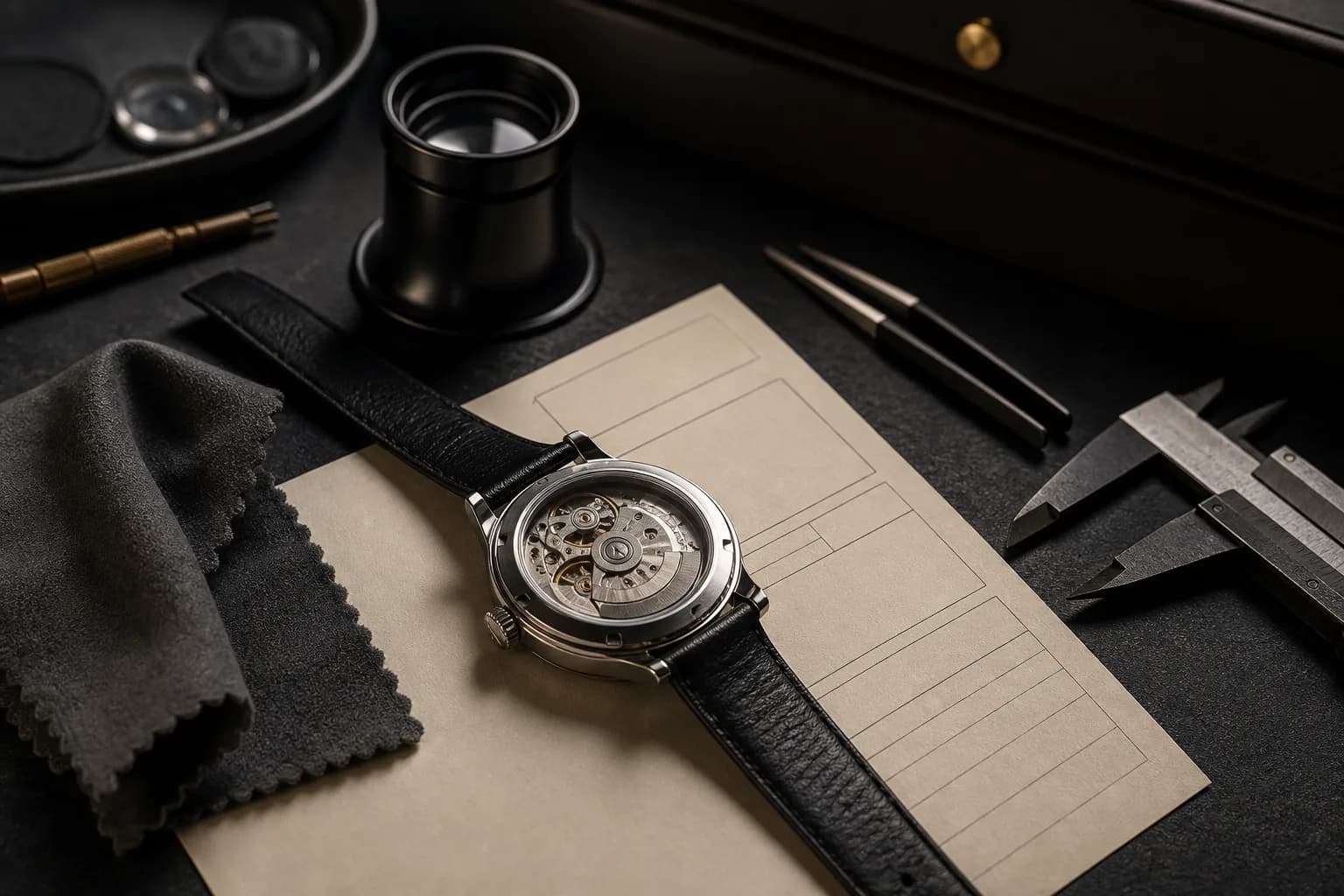 Bancada de autenticação com relógio, lupa, paquímetro e relatório de inspeção